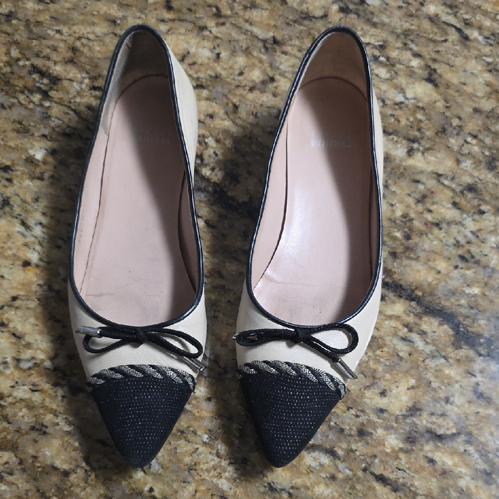 Stuart Weitzman Black and Cream Bow Flats